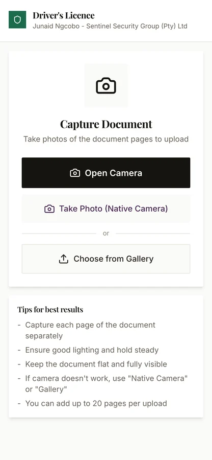 Uploading a driver's licence on Compliance Radar mobile