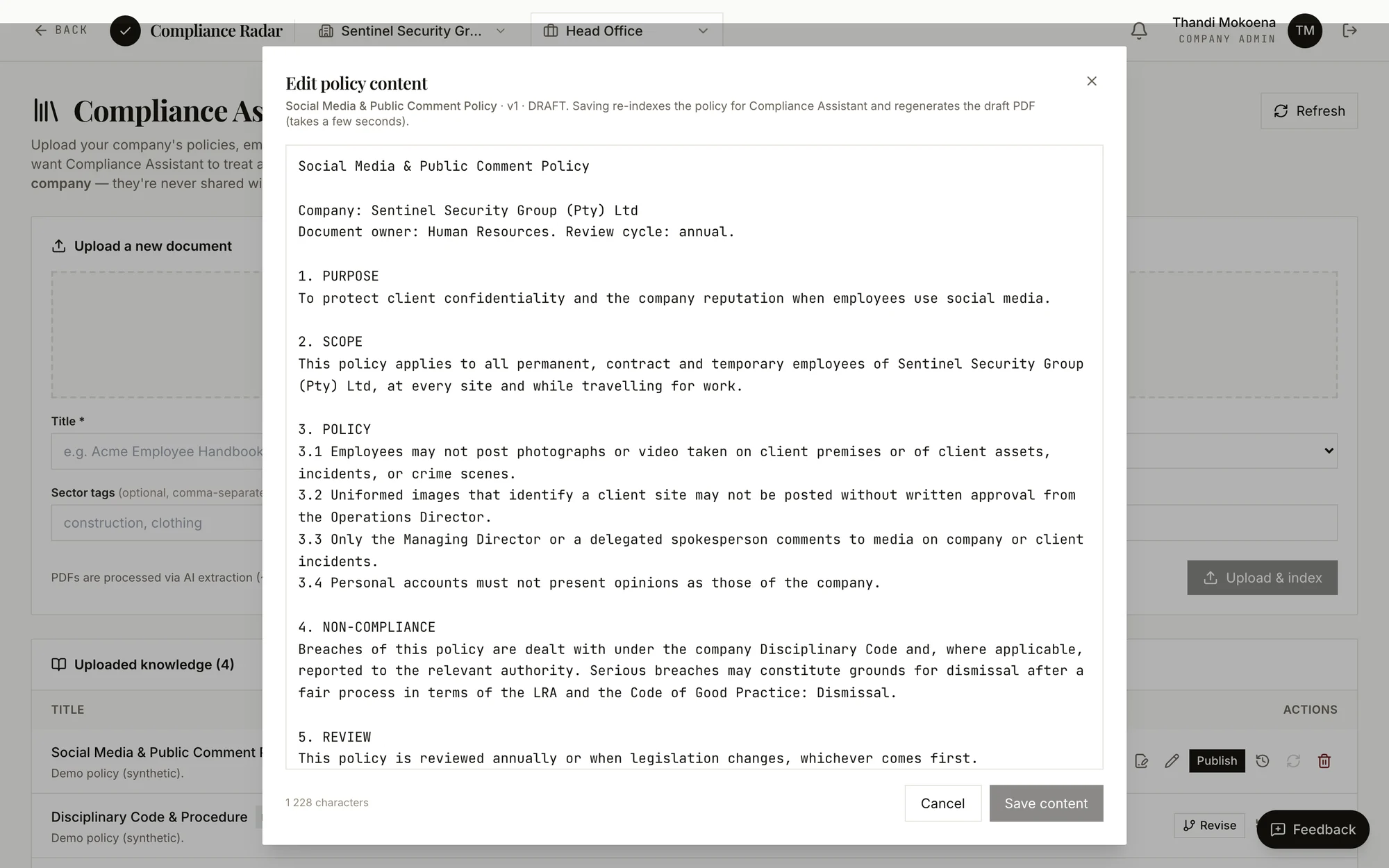 The Compliance Assistant policy editor — a drafted HR policy ready to publish